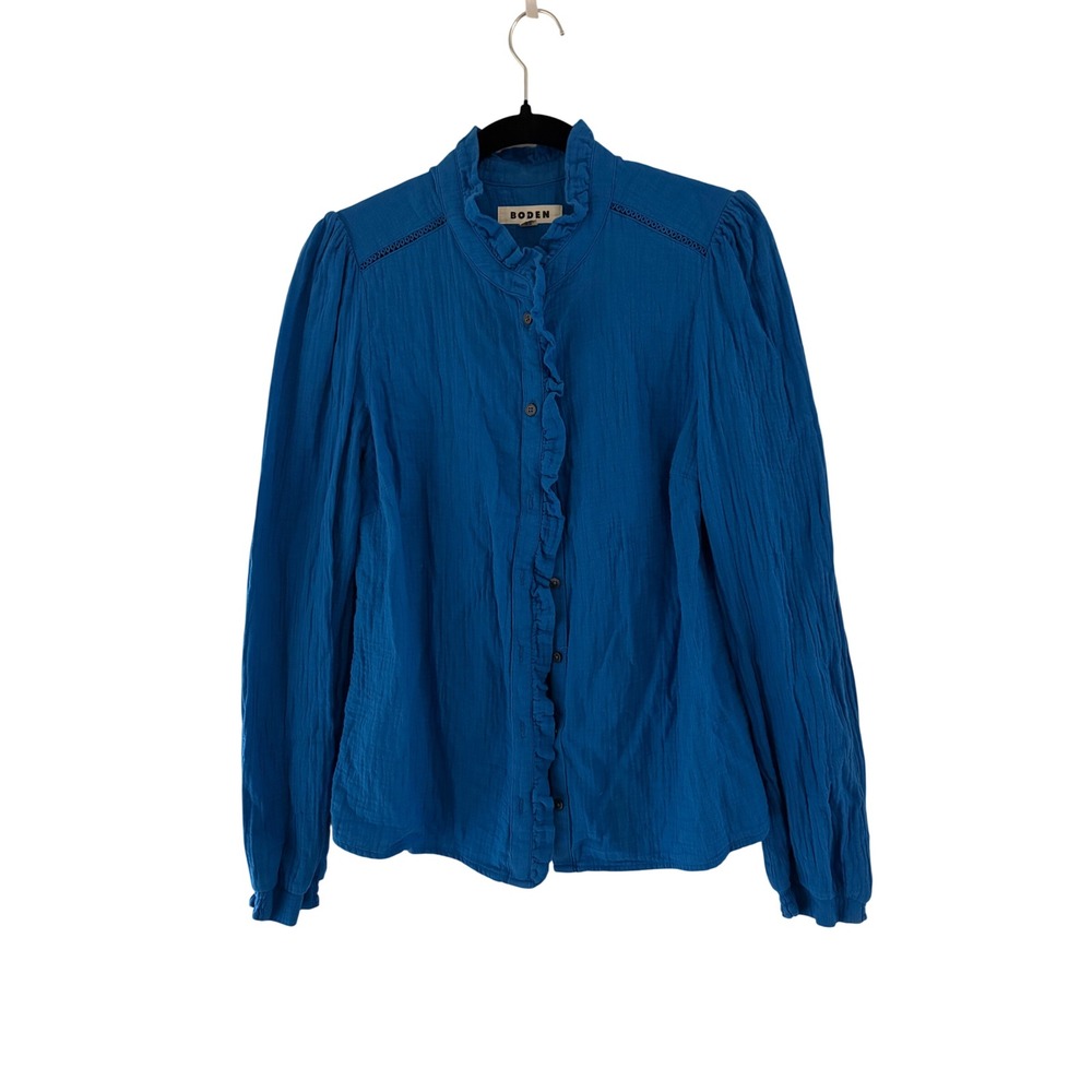 Boden Helena Double Cotton Top Blue Ruffle Button Front Blouse T1902 US 6